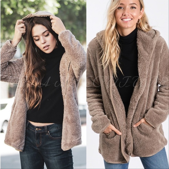 Cozy Sherpa Fur Hoodie Teddy Coat - Tan - Picture 4 of 5